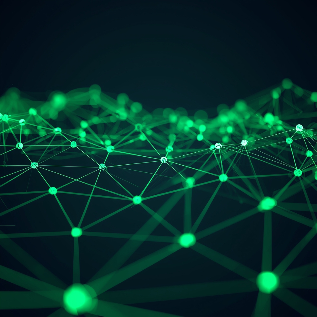 Abstract data visualization with green neon lines connecting nodes, dark background, 3d render